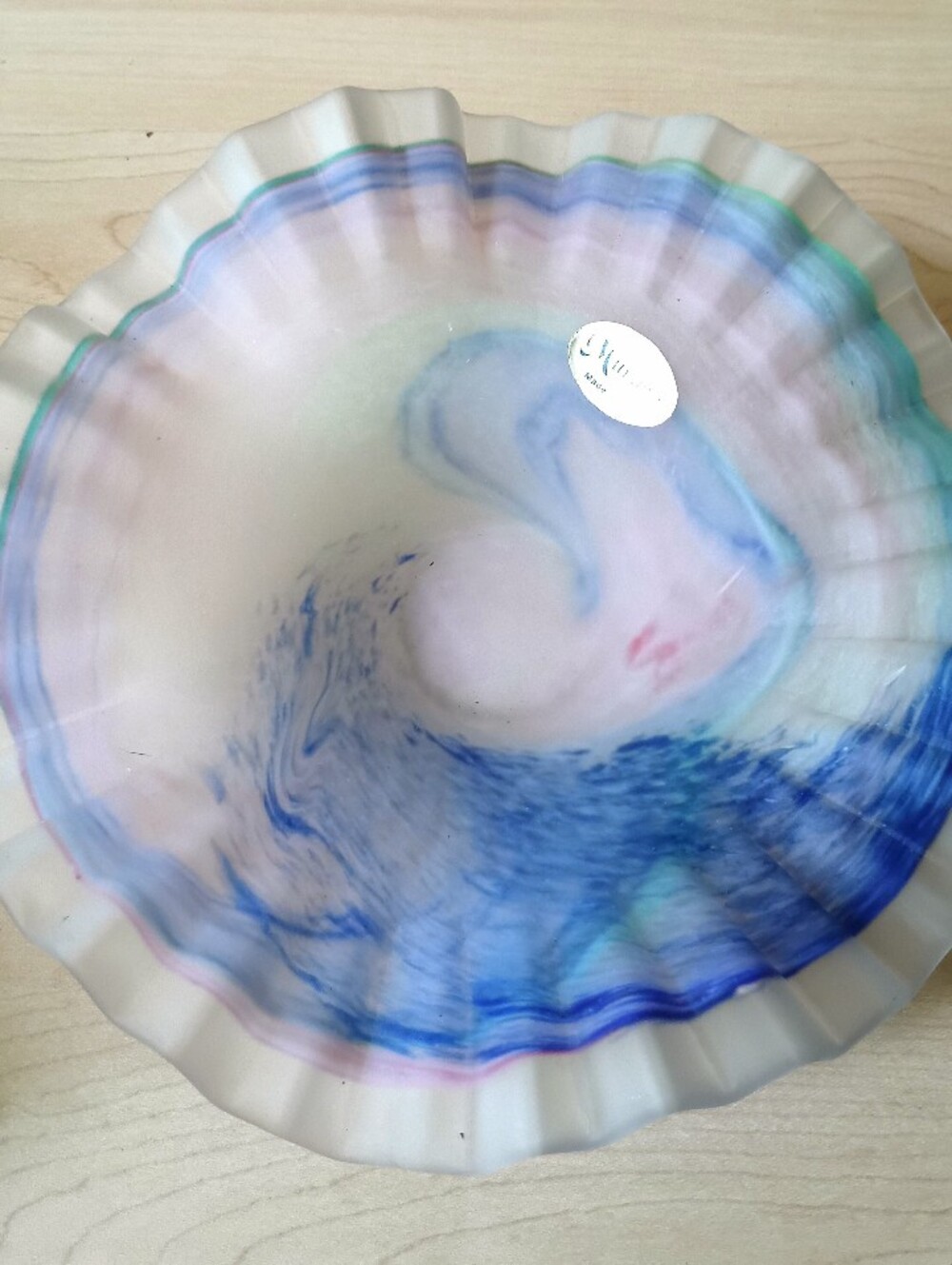 murano ruffled edge waffle bottom pastel swirl vintage bowl